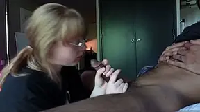 Submissive GF gives sloppy handjob and worship to BBC's huge black dick