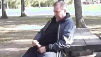 Daddy bear jacks off and cums outdoors in public