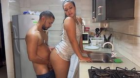 Sexy latina with big booty moans as she gets railed doggystyle in the kitchen
