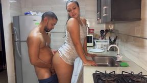 Sexy latina with big booty moans as she gets railed doggystyle in the kitchen