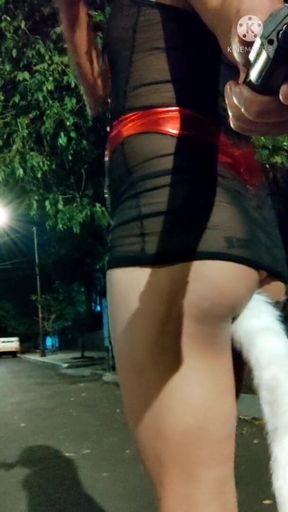 Sissy Crossdresser in Chastity Walking in the Streets at Night with a Fox Tail Anal Plug Inside Her