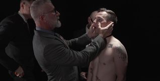 Group sex scene with an oily twink begging older men