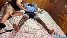 ”Bound black jock Elijah tickled on feet by chubby dom Matt”
