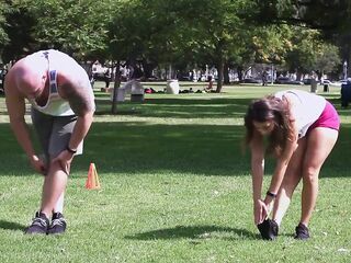 After doing her workout routine in a local park, bulky babe had sex with her personal coach