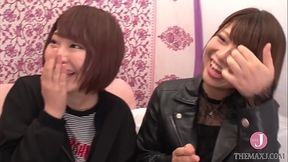 Lesbian babes Haruna and Aoi Shino finger and lick each other's nipples