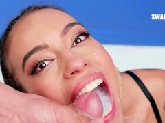 Wild babe swallows multiple cumloads in interracial blowbang