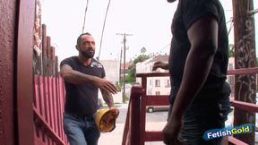 Black man gets his shaved ass destroyed by a tattooed white construction worker