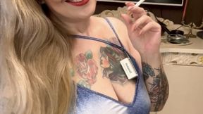 NEWPORT- Pregnant veteran smoker, giving love to her lungs - Deep inhalations, Double pumps, Double puffs, Smoke rings, Crush, Long denim dress, Red lipstick, Long blonde hair