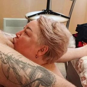 early in the morning, mother-in-law again milks my cock to a cumshot close up