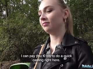 Public Agent Jenny WIld gets her shaven vagina drilled outdoors