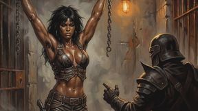 Hairy armpit muscled ebony captive stands defiant in chains as her captor tries BDSM bondage tactics