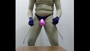 Zentai penis cock head pulling slave