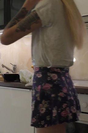 Hot Blonde College Cheerleader at Home in Shortest Short Mini Skirt to Take Panties off and Flash Her Pussy