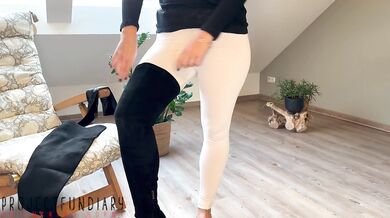 hot slut wearing white leggings, black suede overknee boots and latex gloves for spreading ass sex