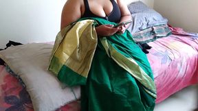 Telugu Aunty in Green Saree with Huge Boobs on Bed and Fucks Neighbor While Watching Porn on Mobile - Huge Cumshot