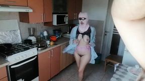 Couple Having Fun in the Kitchen. Sexy Wife Doing Chores in the House Naked