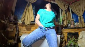 sorry about my boss – shiny jeans cameltoe, deep blowjob and wet squirt apology
