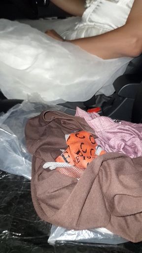 Crossdressing Wearing Wedding Gown While Driving and Cum Inside Gown
