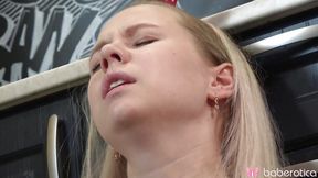 Solo blonde busty girl Mirai masturbates in the kitchen,in 4K