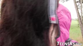 Real Euro teens dildo fucking during spring rain