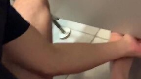 Public toilet stall encounter: twink jerks random guys big dick to climax