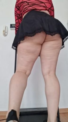 Walking on treadmill in miniskirt with and without panties
