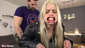 mya wearing levi s jeans and leather jacket and gets fucked through hole, piss on clothes, mouth gag deepthroat