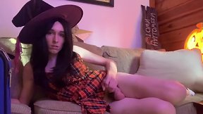 Sissy crossdresser femboy trans tv witch plays with sextoy and goes up