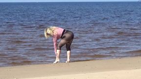 Funny MILF with Nylon Ass and Tits on Beach