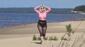 Funny MILF with Nylon Ass and Tits on Beach
