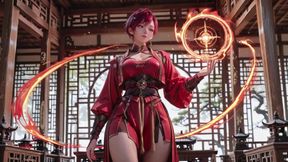 Purple-haired War Maiden in High-slit Kimono, Kneeling to Tease Your Eyes with a Fiery Gaze and a Wet, Forbidden Whisper.