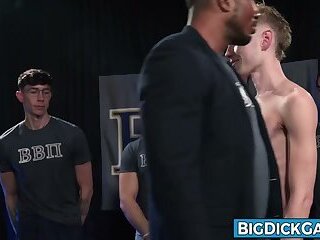Masked Pledge Lucky Banks Kneels for BBPI Frat Bros Big Cock Ritual