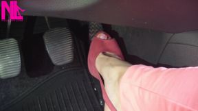 Barefoot Driving and Revving in Vivid Pink High Heeled Sandals