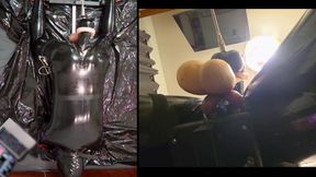 Session in the Pillory with Latex Catsuit, Pa Chastity, Giant Didildo and Estim