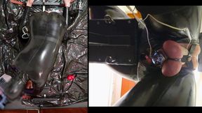 Session in the Pillory with Latex Catsuit, Pa Chastity, Giant Didildo and Estim