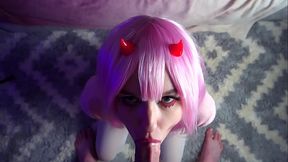 Zero Two sucks cock and gets cum on face - Sunako Kirishiki