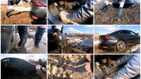 EXCLUSIVE PREIMERE: First deep mud stuck after snow in luxury Lexus IS 300 without underwear!