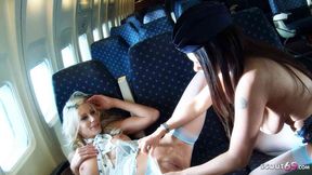 In-flight lesbian lust on a plane: juicy breast action between female flight attendants