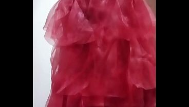 Indian gay Crossdresser Bottom pressing and playing with her big boobs in red gown real homemade sex