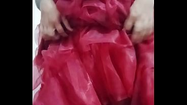 Indian gay Crossdresser Bottom pressing and playing with her big boobs in red gown real homemade sex