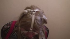 White Harness Ballgag Lotus Predicament – Latex Sheath, Red Rope, Ballet Boots & Nipple Clamps copy