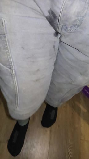 Massive flood in gray and shorts saturates wool socks