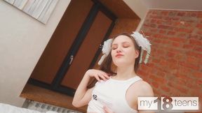 my18teens - petite girl with bows passionately satisfies her hungry pussy