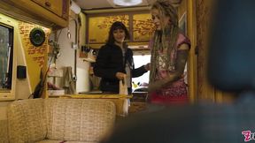 roadtrip tattooed girl fucks a girl anal with a big toys in vintage talbot express