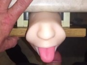 Fan Request: I Jerk off to my silicone mouth stroker device, cumming all over it & licking it all up