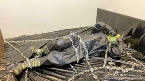 Heavy rubber chain self bondage orgasm