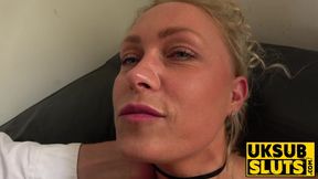 Tattooed blonde MILF rubs her natural tits while fingering her pussy