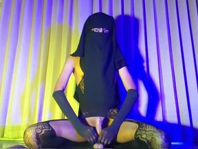 Niqab Shemail Locked in Chastity and Fucking Dildo
