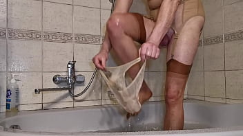 Quickie Self Satisfaction in Shower in nude lingerie