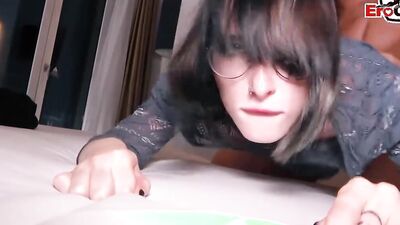 Nerdy brunette girl sucks a hard cock and gets fucked from behind